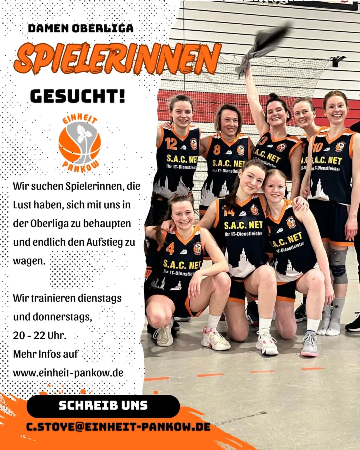 Unsere Damenmannschaft ist seit Jahren in der Damen-Oberliga etabliert. Zwar trägt unsere bestätige Nachwuchsarbeit so langsam Früchte, doch erfahrene Unterstützung ist immer gut. Wir sind eine bunte Truppe "jeden" Alters und
suchen Basketballspielerinnen mit Spielerfahrung, die mit uns die Oberliga rocken wollen. Alle Infos zu den Trainingszeiten auf www.einheit-pankow.de @berliner_basketball_verband #basketballberlin #basketballspielerin #pankowbasketball