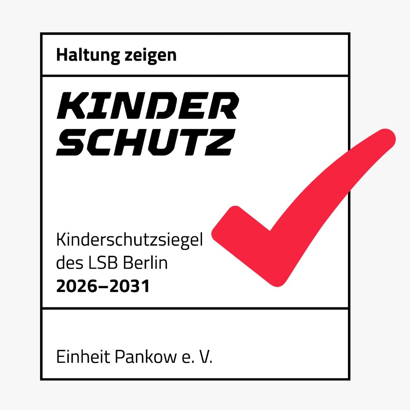 🎉 Ausgezeichnet für gelebten Kinderschutz! 🎉
Wir freuen uns sehr: Einheit Pankow e.V. hat das Kinderschutzsiegel erhalten. 🏅
Diese Auszeichnung bestätigt unser Engagement für ein sicheres, respektvolles und vertrauensvolles Umfeld für Kinder und Jugendliche. Ein großes Dankeschön an alle Trainer*innen, Ehrenamtlichen, Mitglieder und Unterstützerinnen, die dazu beitragen, dass Kinderschutz bei uns aktiv gelebt wird.
Gemeinsam setzen wir ein starkes Zeichen für den Schutz und das Wohl unserer Kinder. 💙
#EinheitPankow #Kinderschutz #Kinderschutzsiegel #Vereinsleben #SportFürAlle GemeinsamStark