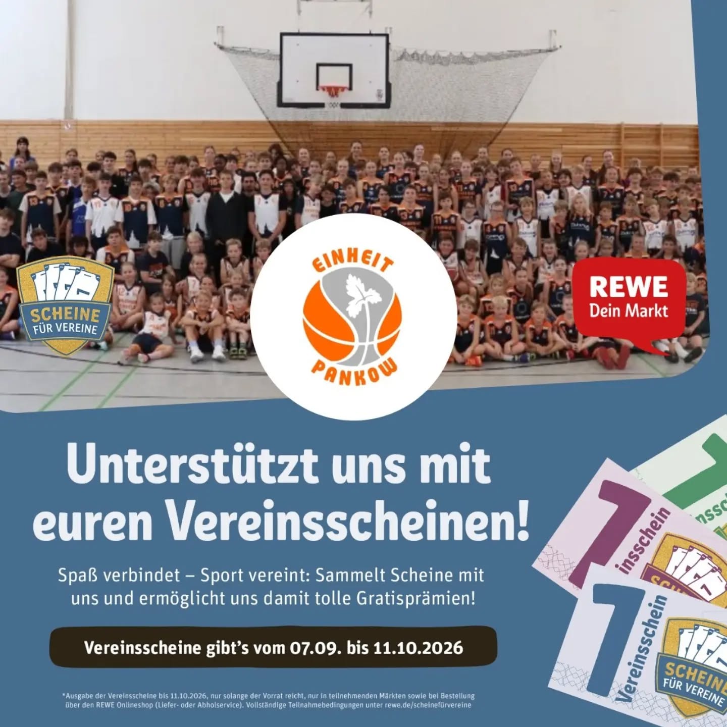 Es ist wieder soweit: Scheine für Vereine startet. Ab dem 07.09. erhaltet ihr bei REWE pro 15€ Einkaufswert einen Vereinsschein. Diesen könnt ihr dann in der REWE App oder unter rewe.de/scheinefürvereine Einheit Pankow zuordnen und so unseren Verein unterstützen. Wir haben die Möglichkeit mit den gesammelten Scheinen neue Trainingsmaterialen für unsere Einheiten zu erwerben. Und Augen auf: In einigen Filialen nahe unserer Hallen stehen Boxen mit unserem Vereinsnamen, wo ihr die Scheine einfach reinwerfen könnt, ohne sie online zuordnen zu müssen.  Also: vom 07.09.2026 bis zum 11.10.2026 fleißig Vereinsscheine sammeln, sie Einheit Pankow zuordnen und dann bald neues Trainingsmaterial in der Halle entdecken;)
#scheinefürvereine